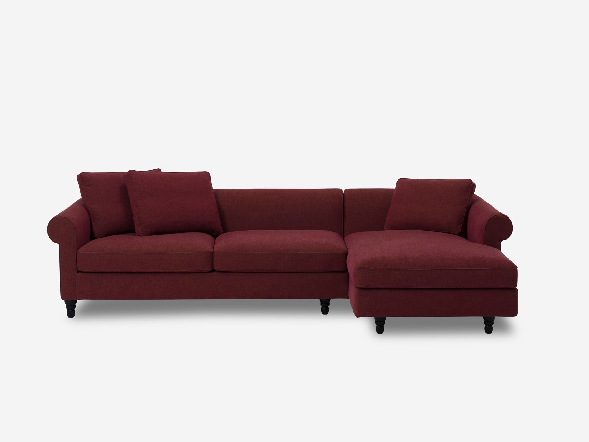 Front view of deep red modern right hand facing sectional sofa